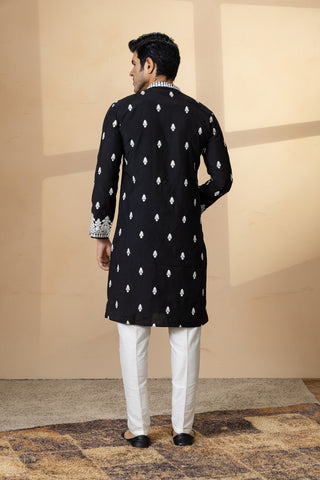 BLACK SILK PECS KURTA SET