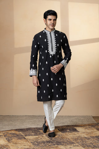 BLACK SILK PECS KURTA SET