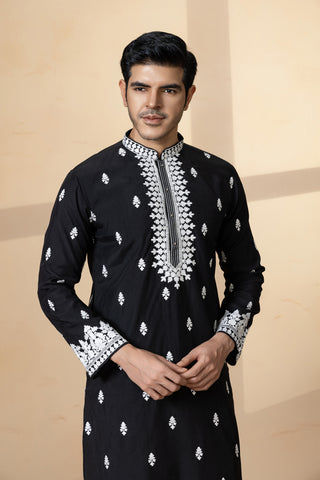 BLACK SILK PECS KURTA SET