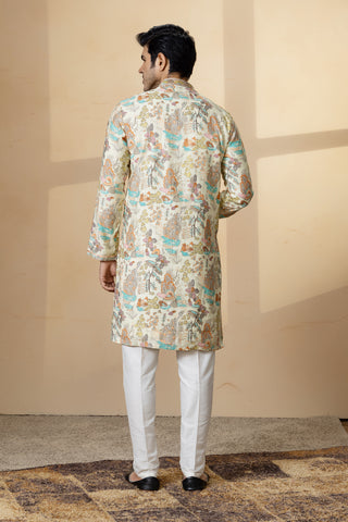 CREAM AQUA PRINT KURTA SET