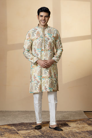 CREAM AQUA PRINT KURTA SET