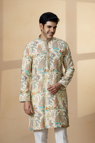 CREAM AQUA PRINT KURTA SET