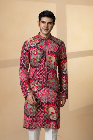 RED SEQUIN PRINT KURTA SET