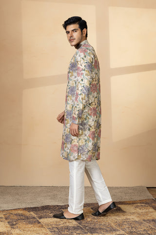 CREAM SEQUIN PRINT KURTA SET