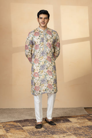 CREAM SEQUIN PRINT KURTA SET