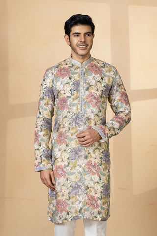 CREAM SEQUIN PRINT KURTA SET