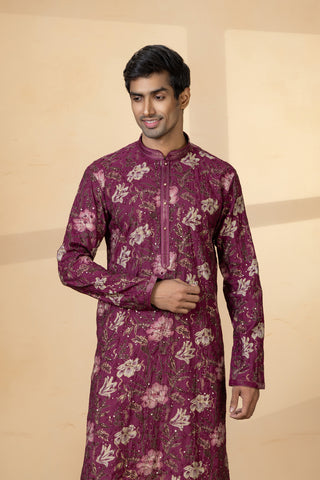 WINE SEQUIN PRINT KURTA SET