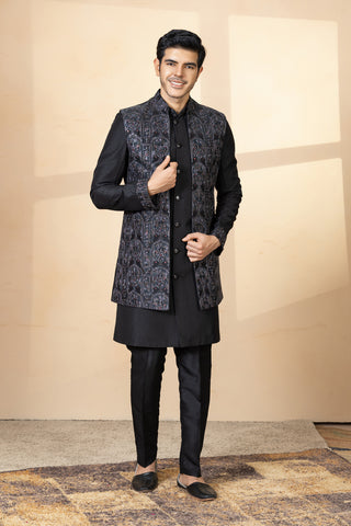 SHAN BLACK SILK JACKET KURTA SET