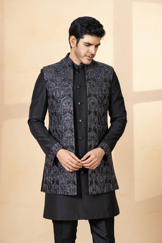 SHAN BLACK SILK JACKET KURTA SET