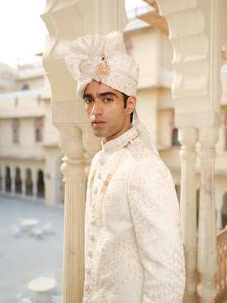 PRINCE WHITE SILK SHERWANI SET