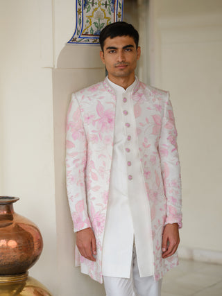 Pink Silk Floral IndoWestern For Men