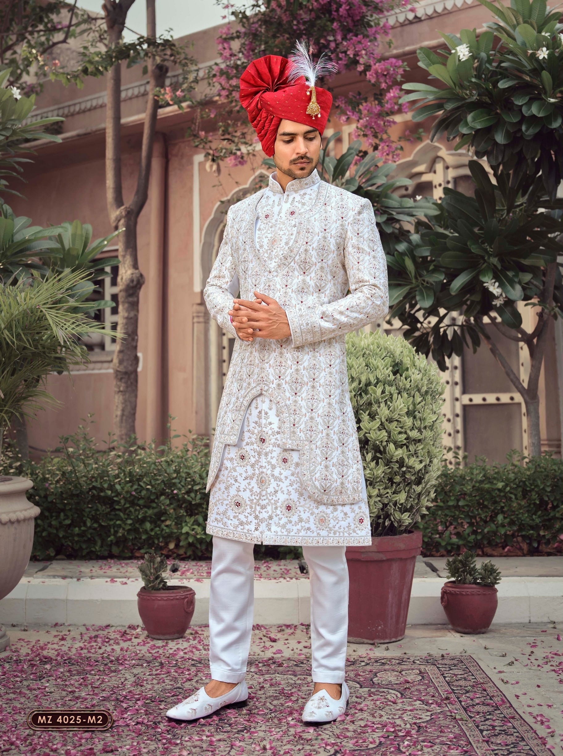 White Silk Zari Delight Sherwani with Turban Dimple Collection